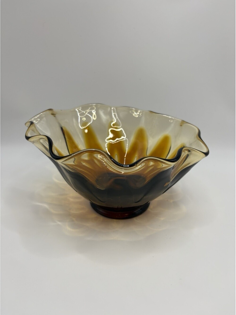 Fostoria Hawaiian MCM Crimped Wavy Swung Bowl in Amber and Brown Vintage